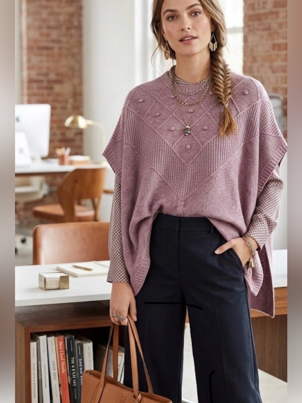 NWT LOFT Knit Poncho Sweater Lavender Textured Diamond Stitch Cozy Cape Sz XS/S